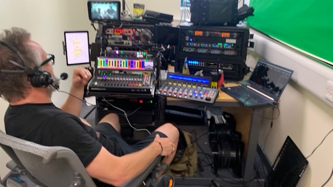 Production Sound Mixer Rob Entwistle at his slightly varied sound setup for Episode 2, where the school served as the main location. Photo: Courtesy of Netflix.