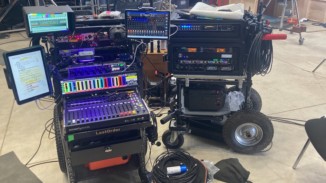 Production Sound Mixer Rob Entwistle’ssound cart in the detention center on the set
of Adolescence. Photo: Courtesy of Netflix.