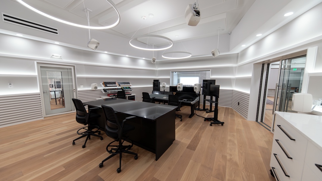 The spacious, clutter-free control room is centered around an SSL Duality console, with PMC IB2S stereo main monitors and a 7.1.4 Genelec SAM monitor system for Dolby Atmos. Photo: Drew McElhenny.