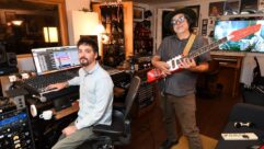 Pictured at O'Sullivan Audio are (L-R) Tim O'Sullivan and former Beastie Boy Money Mark with Eastwood La Baye 2x4 Devo signature guitar. Photo: David Goggin.