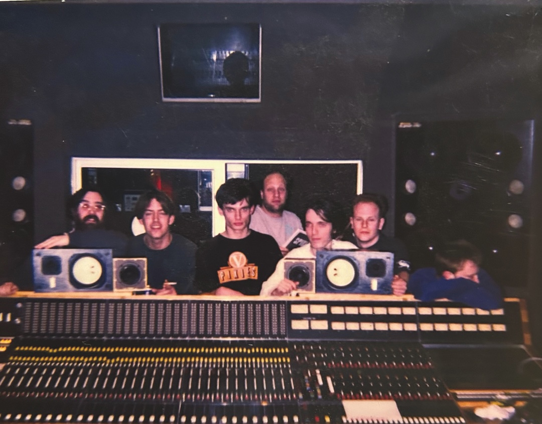In Chipping Norton Studios, from left: Sean Slade, Ed O’Brien, Jonny Greenwood, Paul Kolderie, Colin Greenwood, Phil Selway and Thom Yorke.