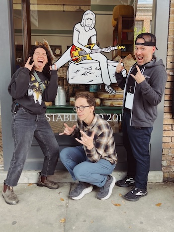 L to R: Emily Poulliard, utility sound technician, Ryan Ferris, boom operator, and Chris Welcker, production sound mixer.