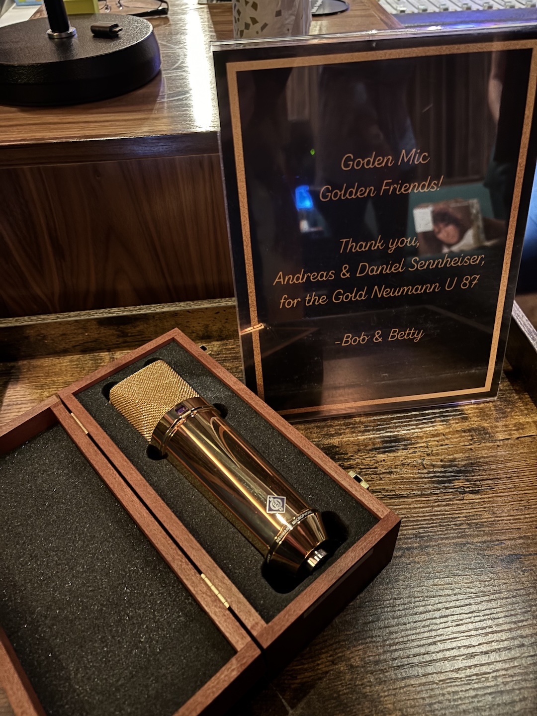 Daniel and Andreas Sennheiser sent a gold Neumann U87 as a studio reopening gift. Photo: Tom Kenny