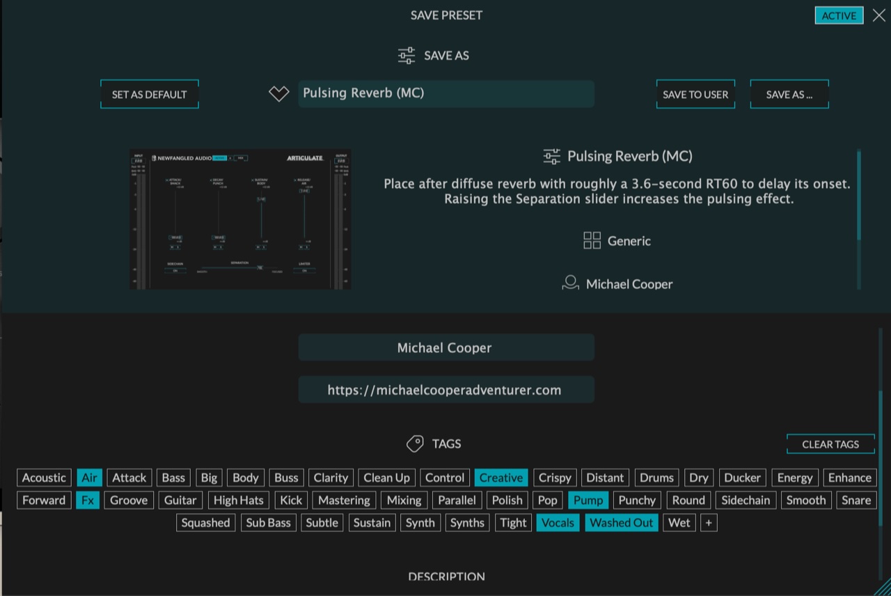 When saving a custom preset, you can enter its name and description (top panel), and your name and website and the preset’s descriptive tags (bottom panel).