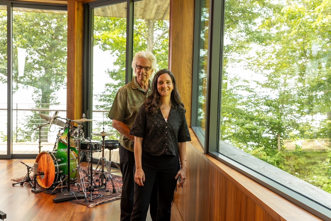 John Storyk and Romina Larregina of WSDG, at the point where the glass walls reveal their angles, which was key to minimizing early reflections. Photo: Shem Roose.