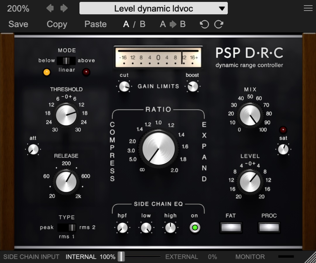 PSP DRC alternately offers whole-range compression and its polar opposite, whole-range expansion, when the mode switch is set to “linear.” Here, the gain-change meter and illuminated “below” LED indicate the track was being momentarily upwardly compressed.