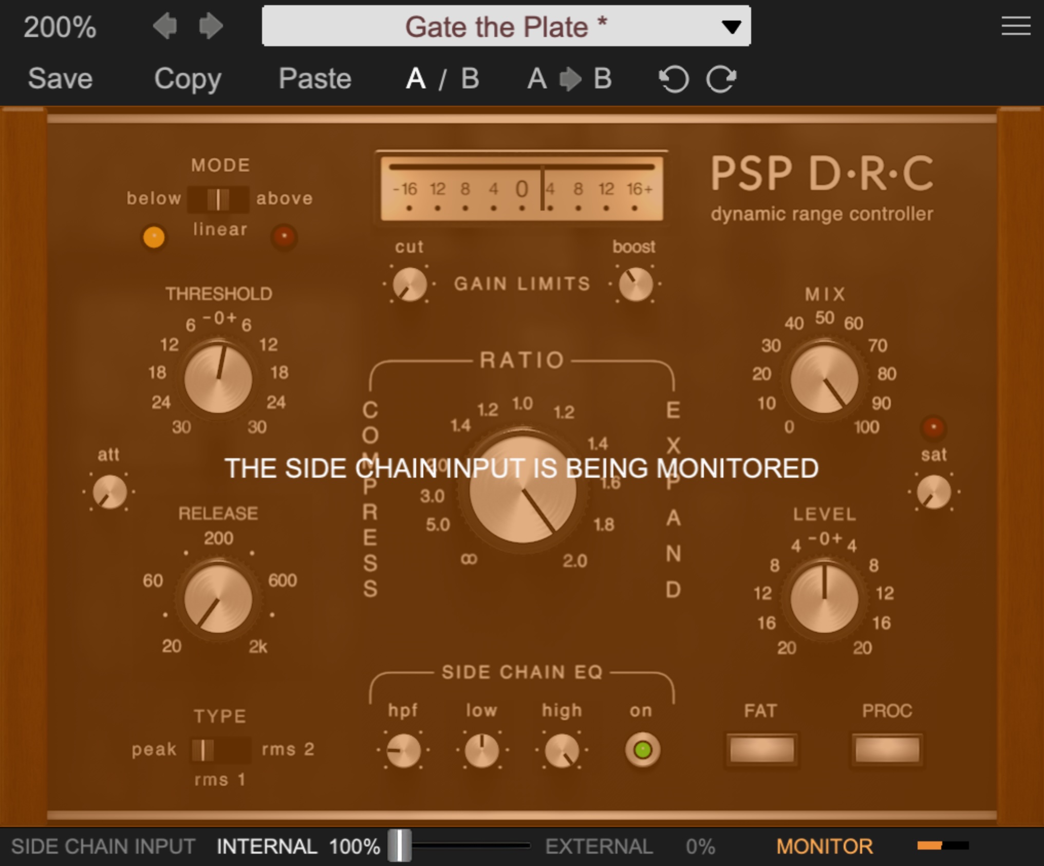 PSP DRC’s GUI turns amber when monitoring a sidechain signal.