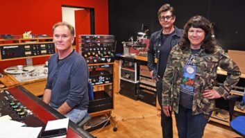 Pictured (L-R) in the cutting room at Bernie's are mastering engineer Chris Bellman, Frank Lee Drennen, and Cindy Wasserman. Photo by David Goggin.