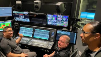 The audio team at Space City Home Network with the facility's new SSL System T S300-32 audio console.