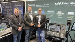 Holding down the Solid State Logic booth and introducing visitors to the flexibility of the System T range were (l-r): Mark Skipper to National Sales Manager, Eastern U.S., for Broadcast & Live Audio Production Systems; Thomas Jensen, Vice President Technical Operations; and George Horton, Vice President, Western Region.