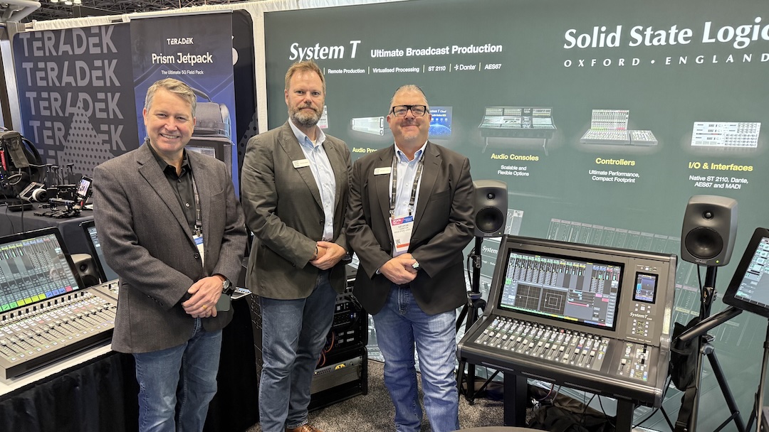 Holding down the Solid State Logic booth and introducing visitors to the flexibility of the System T range were (l-r): Mark Skipper to National Sales Manager, Eastern U.S., for Broadcast & Live Audio Production Systems; Thomas Jensen, Vice President Technical Operations; and George Horton, Vice President, Western Region.