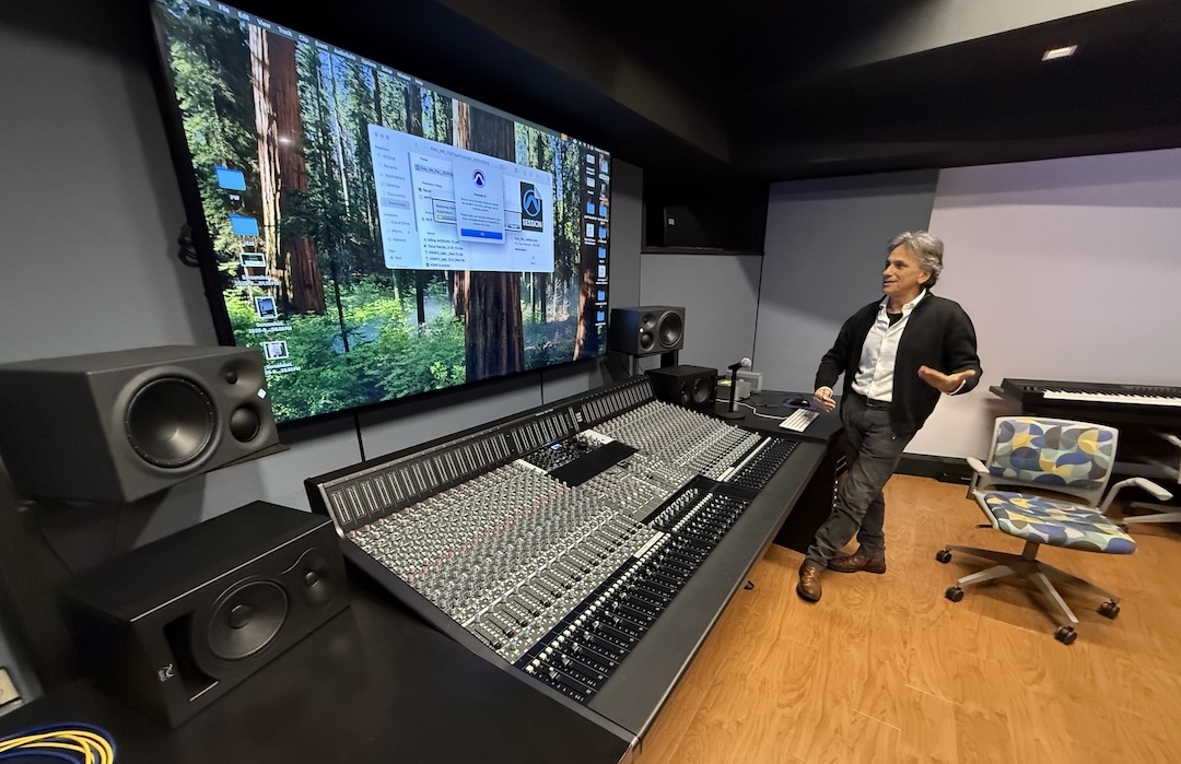 Filippo De Laura, Recording Studio Assistant Manager, at the SSL Origin console. Inset: Students in session. Photo: Matteo Bracco/Hofstra University.