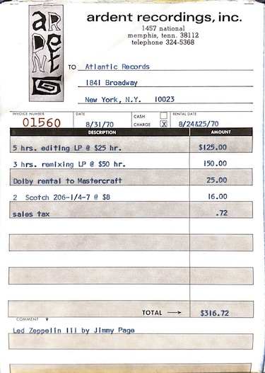 One of the many invoices submitted for the mix of Led Zeppelin III. Photo: Courtesy of Ardent Studios.
