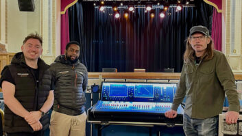(l-r): Chris Parker (Patchwork London Senior Project Manager), Louis Jemmott (Patchwork London Sales Director) and Tom Watt (IAH Technical Manager) with Islington Assembly Hall’s new Allen & Heath dLive S5000 at FOH.