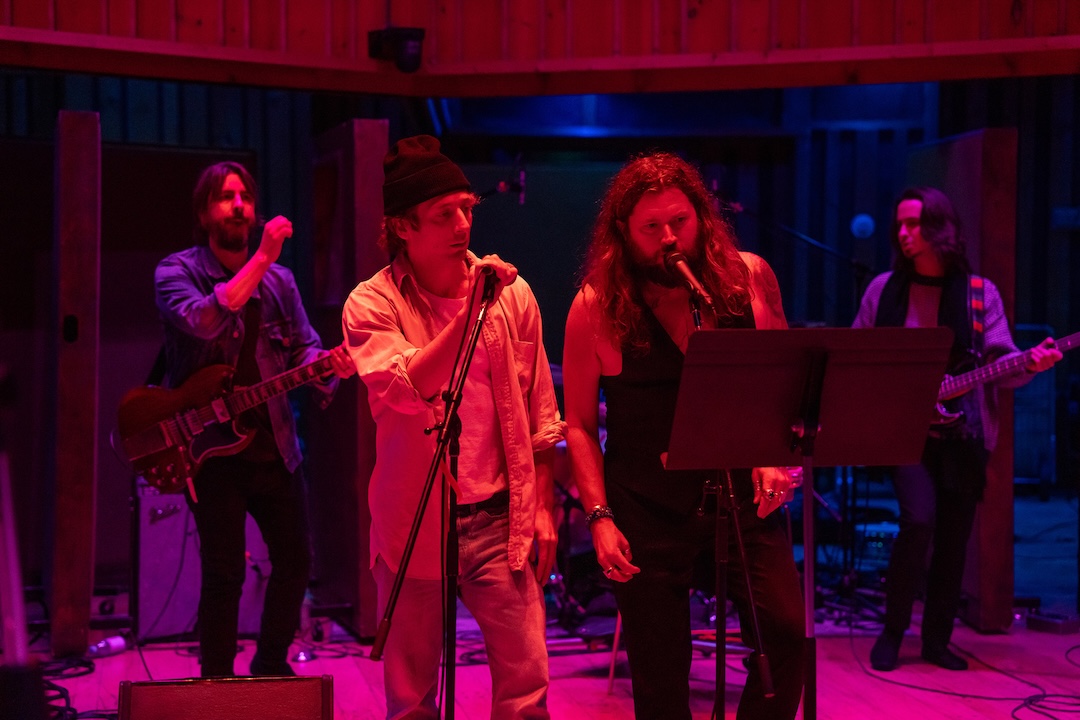 Pre-record session for the Stone Pony performances, recorded at Power Station.  (L-R):  Greta Van Fleet guitarist Jake Kiszka, Jeremy Allen White, Rival Sons singer Jay Buchanan and Greta bass player Sam Kiszka. Photo: Macall Polay/20th Century Studio.