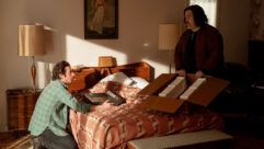 Actors Jeremy Allen White and Paul Walter Hauser (portraying Mike Batlan) unpack the “new” TEAC 144 and give it a look. Note the Portastudio’s packaging recreation, including custom-formed Styrofoam inserts. Photo: Macall Polay/20th Century Studio