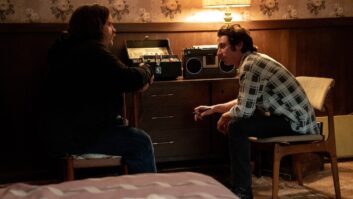 Actors Paul Walter Hauser (as Mike Batlan) and Jeremy Allen White in the Colts Neck bedroom set, with authentic working Maestro Echoplex EP-3 and Panasonic RX-5100 boom box, both supplied by music gear consultant Joshua Lutz. Photo: Macall Polay/20th Century Studio.