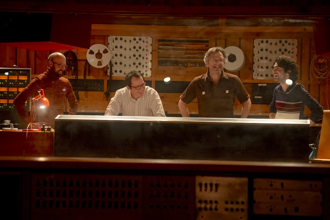 Real life Power Station staff engineer Matthew Soares – essentially portraying himself in the film – along with actor Jeremy Strong (Jon Landau), Marc Moran (portraying engineer Chuck Plotkin) and actor Bartley Booz (as engineer Toby Scott) in the Studio A control room. Photo: Macall Polay/20th Century Studio.