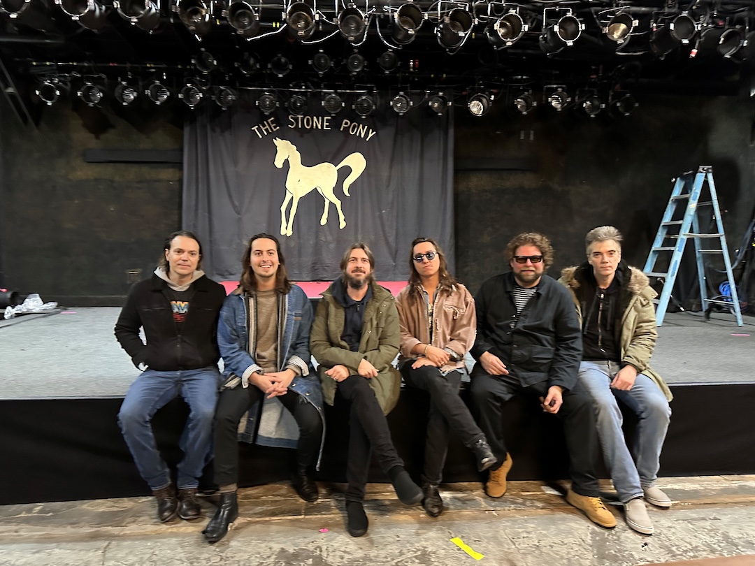 Members of the audio team, along with several of the musicians, at The Stone Pony:  [L-R]:  music editor Jason Ruder, Greta van Fleet bassist Sam Kiszka, music producer Dave Cobb, Greta guitarist Jake Kiszka, session guitarist J.D. Simo and engineer Greg Koller. Photo: Danielle Diego.