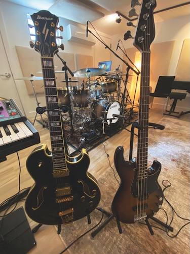 Antonio Sanchez’s drums-keys-guitar home-based recording setup.