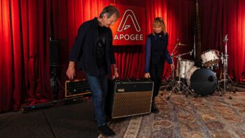 Bob Clearmountain and Betty Bennett hauling amps across the Apogee Stage. Photo: Mike Skillsky.