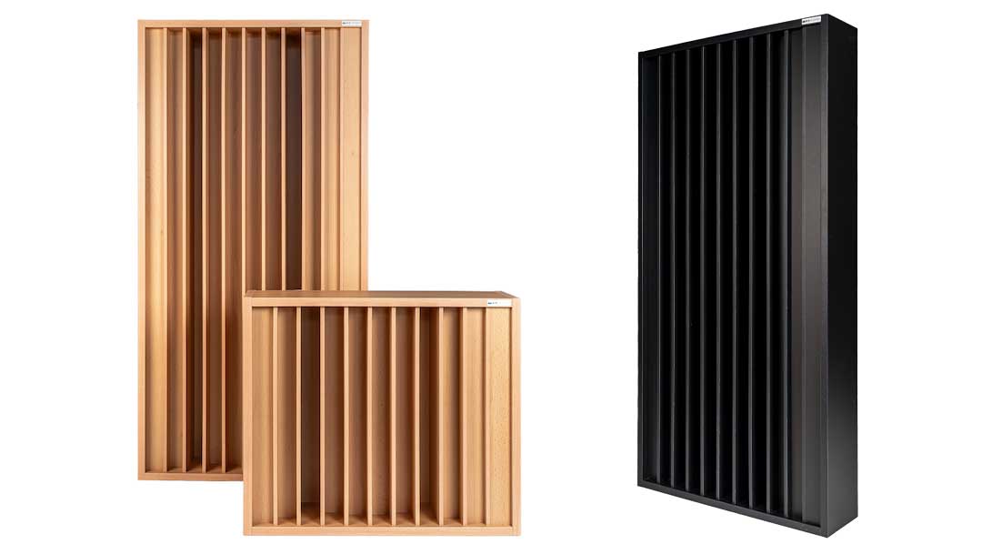 GIK Acoustics Q11D Diffuser, shown in different finishes and sizes.