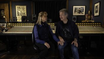 Bob Clearmountain and Betty Bennett at the custom, refurbished SSL 4056 console in Bob’s new MixThis! FTA studio, located in the couple’s new temporary home across the alley from Apogee headquarters. Photo: Mike Skillsky.