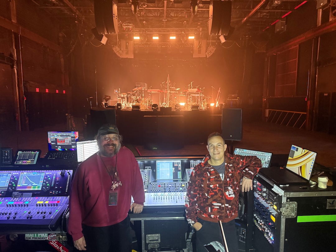 Monitor engineer Rafael Lazzaro (left) and FOH engineer Nahuel Gutierrez inside Brooklyn Steel. The in-the-round residency used its own P.A. centered around L-Acoustics L2D and A10 loudspeakers. Photo: Clive Young