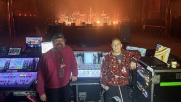 Monitor engineer Rafael Lazzaro (left) and FOH engineer Nahuel Gutierrez inside Brooklyn Steel. The in-the-round residency used its own P.A. centered around L-Acoustics L2D and A10 loudspeakers. Photo: Clive Young