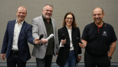 Celebrating the new acquisitions are (l-r): Kalle Hvidt Nielsen, DPA Microphones CEO; James Gordon, Audiotonix CEO; Marika Stangherlin, Wisycom CSO (Chief Sales Officer); and Martin Seidl, Austrian Audio CEO.