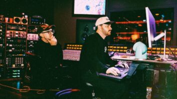 Recording engineer Adrian Bushby and co-producer/mix engineer Taylor Kimball at the SSL 4K in The SoundBank Studios.