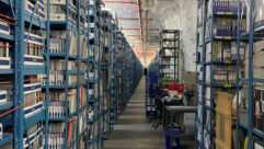 Shelves of media assets stretch as far as the eye can see at Iron Mountain’s secure, climate-controlled, underground facility in Boyers, Penn. Photo: Courtesy of Iron Mountain.