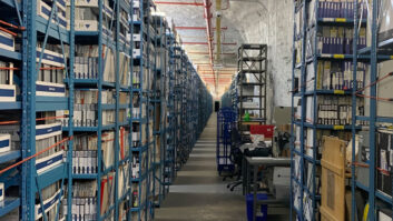 Shelves of media assets stretch as far as the eye can see at Iron Mountain’s secure, climate-controlled, underground facility in Boyers, Penn. Photo: Courtesy of Iron Mountain.