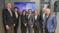 (L-R) Jack H. Knott, Dean, NYU Steinhardt; Masaaki Oshima, Head, Personal Entertainment Business Unit, Sony Corporation; Linda G. Mills, President, New York University; Hiroshi Nakamura, Senior Vice President, Sony Corporation; Jun Makino, Vice President, Sony Corporation of America’s Personal Entertainment Business; Jordy Freed, Senior Director & Deputy Head, Personal Entertainment Business, Sony Corporation of America; and Larry S. Miller, Executive Director, Sony Audio Institute. Photo: Ben Ouriel