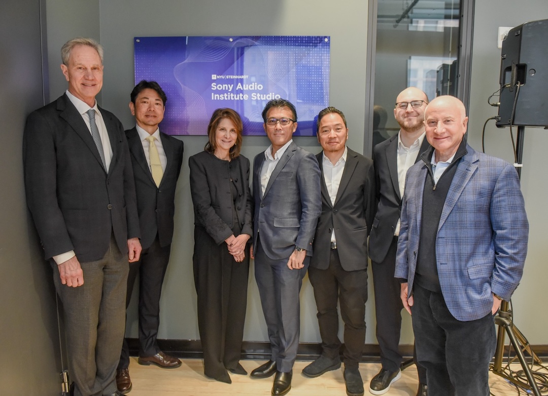 (L-R) Jack H. Knott, Dean, NYU Steinhardt; Masaaki Oshima, Head, Personal Entertainment Business Unit, Sony Corporation; Linda G. Mills, President, New York University; Hiroshi Nakamura, Senior Vice President, Sony Corporation; Jun Makino, Vice President, Sony Corporation of America’s Personal Entertainment Business; Jordy Freed, Senior Director & Deputy Head, Personal Entertainment Business, Sony Corporation of America; and Larry S. Miller, Executive Director, Sony Audio Institute. Photo: Ben Ouriel