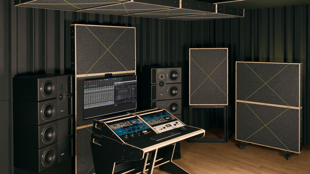 SessionbloX SBX core and SBX sub in use in a mixing control room with SBX cloud, SBX stand 2|2 and SBX vesa
