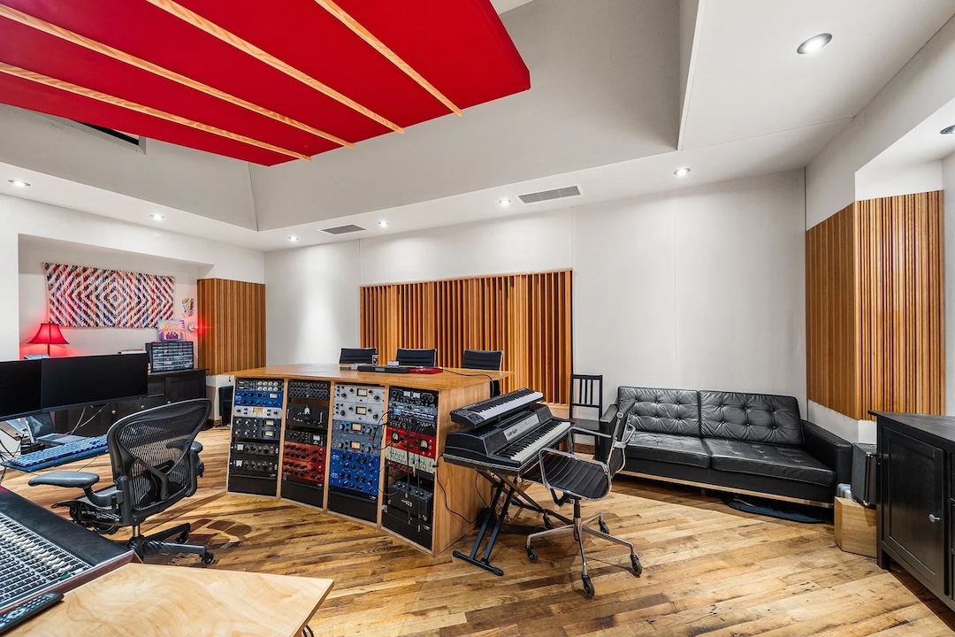 The credenza of outboard gear—and all equipment in the facility—comes with the studio purchase.