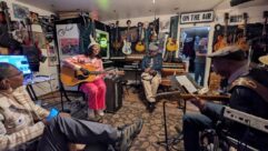 Nia Cephas, on guitar, with friends and musicians at Kid Andersen’s Greaseland Studios, San Jose, Calif. Photo courtesy of Little Village Foundation