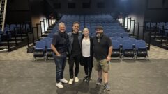 (l-r) Lou Mannarino, John Bottrell, Sarah Rigles inside the Foster Theater.