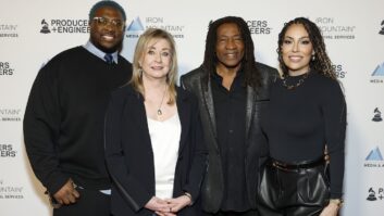 The Recording Academy Producers & Engineers Wing (P&E Wing), celebrating its 25th anniversary in 2026, hosted its annual Grammy Week Celebration on Wednesday, Jan. 28, at The Preserve LA in Los Angeles. This year’s celebration recognized legendary producer, engineer, mixer and five-time Grammy winner Jimmy Douglass for his extraordinary career and lasting impact on recorded music. Shown L – R: David “Swagg” Harris, P&E Wing Co-Chair; Maureen Droney, P&E Wing Vice President; Jimmy Douglass; and Marcella Araica, P&E Wing Co-Chair. Photo: Maury Phillips/Getty Images for The Recording Academy.