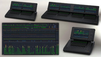 Blackmagic Design’s Fairlight Live Mixing System (lower left), along with three models of its new Fairlight Live Audio Panels.