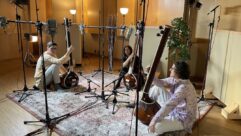 Tanpura players (l-r) Andrew, Shayna and Jonathan Kay were captured with close mics (Schoeps CM6U MK4) and a 9-channel immersive array. Photo: Sean O’Neill