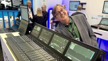 Calrec’s Dave Lewty grins as he shows off the company’s Argo M scalable IP-native audio console, offering seamless ST2110 integration and intuitive touchscreen control. The Argo M is available in 24, 36 or, as seen here, 48-fader footprints.