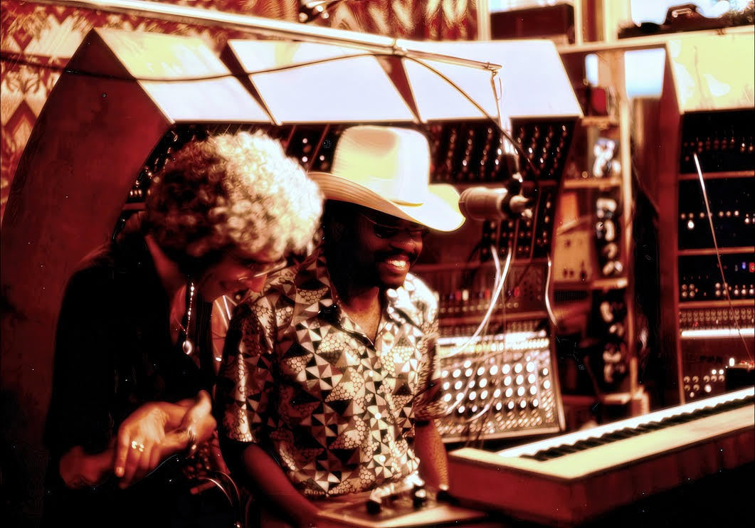 Malcom Cecil (left) and Billy Preston inside the massive TONTO (The Original Neo Timbral Orchestra) multitimbral polyphonic analog synthesizer. Photo: Courtesy of Jawbone Press.