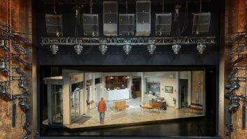 The unique set of 'Dog Day Afternoon' spins to reveal both inside and outside the bank. Above hangs a sizable L-Acoustics P.A.