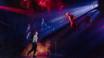 The Lost Boys’ foldback system uses speakers in the deck and above the stage, along with three stories of side fills, to ensure the cast can hear itself while flying. Photo: Matthew Murphy