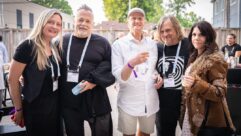 Outdoors at Blackbird Studio, from left: Sylvia Niewinski, artist; engineer Richard Chycki; studio designer Carl Tatz; songwriter, producer, engineer Chas Sandford; and artist Shauna Sadola.