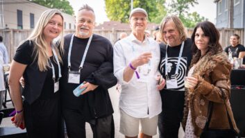 Outdoors at Blackbird Studio, from left: Sylvia Niewinski, artist; engineer Richard Chycki; studio designer Carl Tatz; songwriter, producer, engineer Chas Sandford; and artist Shauna Sadola.