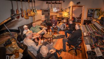 David Kalmusky, a multi-talented musician, songwriter, producer, engineer and owner of the one-of-a-kind recording playpen Addiction Sound, sits at his Trident TSM console with engineer/producer Richard Chycki as they catch up with a few friends. Photo: Future/Kevin Craig