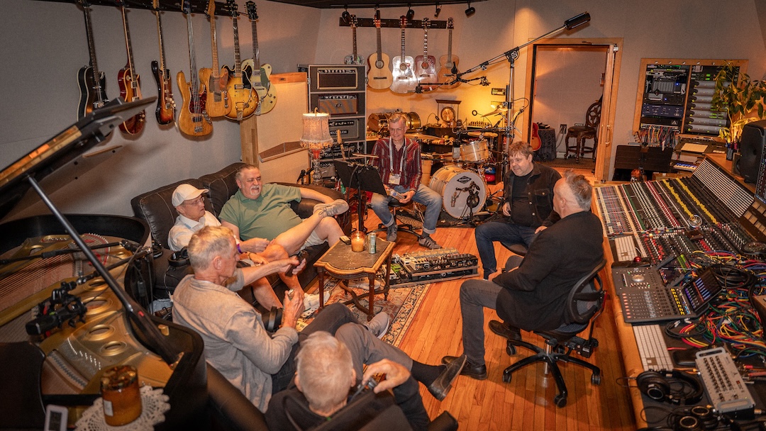 David Kalmusky, a multi-talented musician, songwriter, producer, engineer and owner of the one-of-a-kind recording playpen Addiction Sound, sits at his Trident TSM console with engineer/producer Richard Chycki as they catch up with a few friends. Photo: Future/Kevin Craig